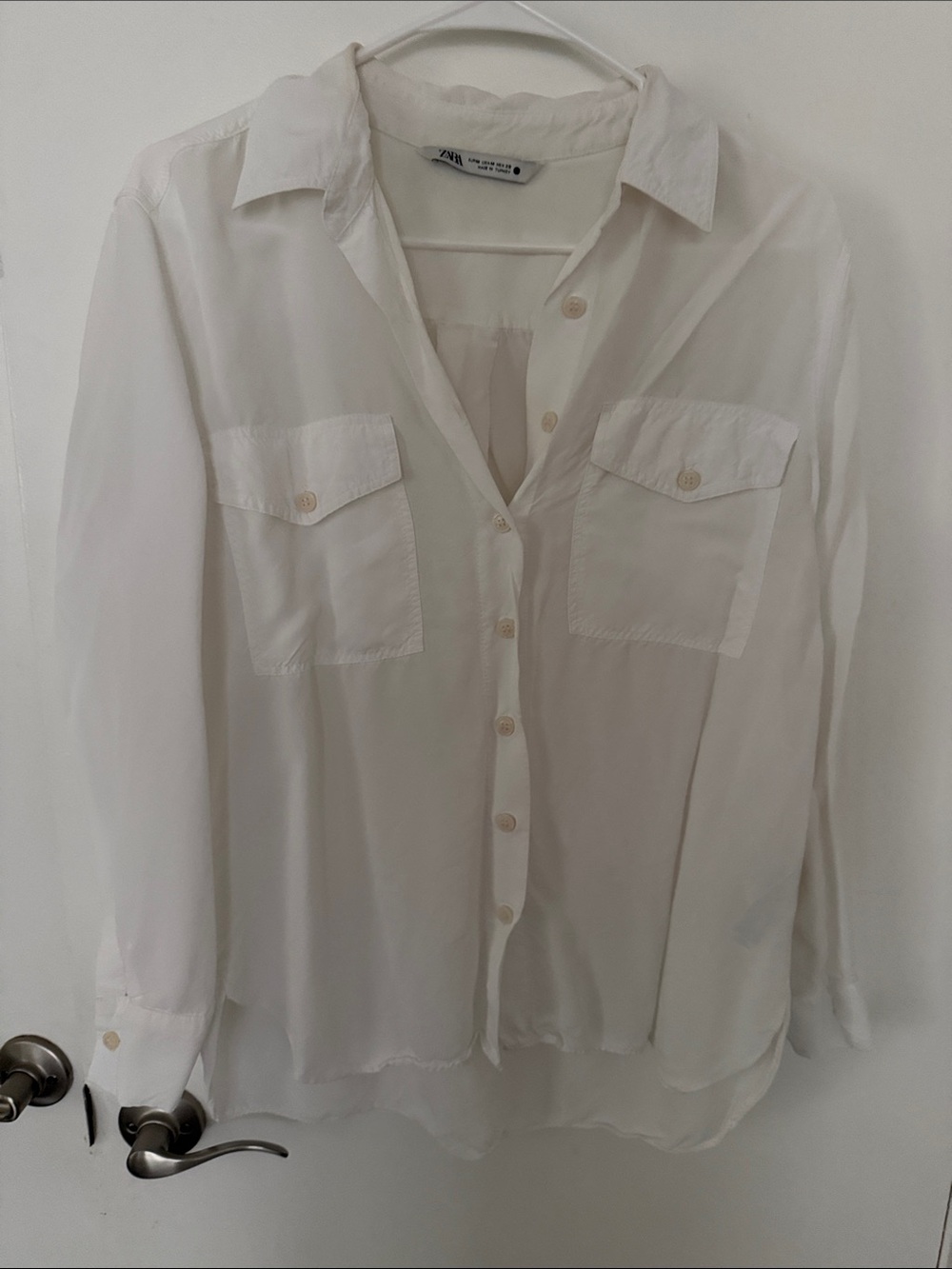 Zara White Sheer Long-Sleeve Button-Up Shirt
